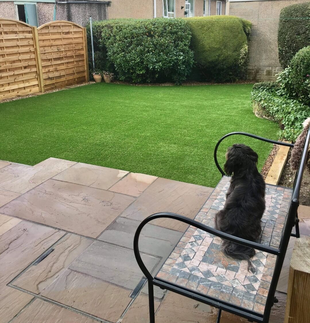 Finished sandstone patio and lawn, with a dog on the bench