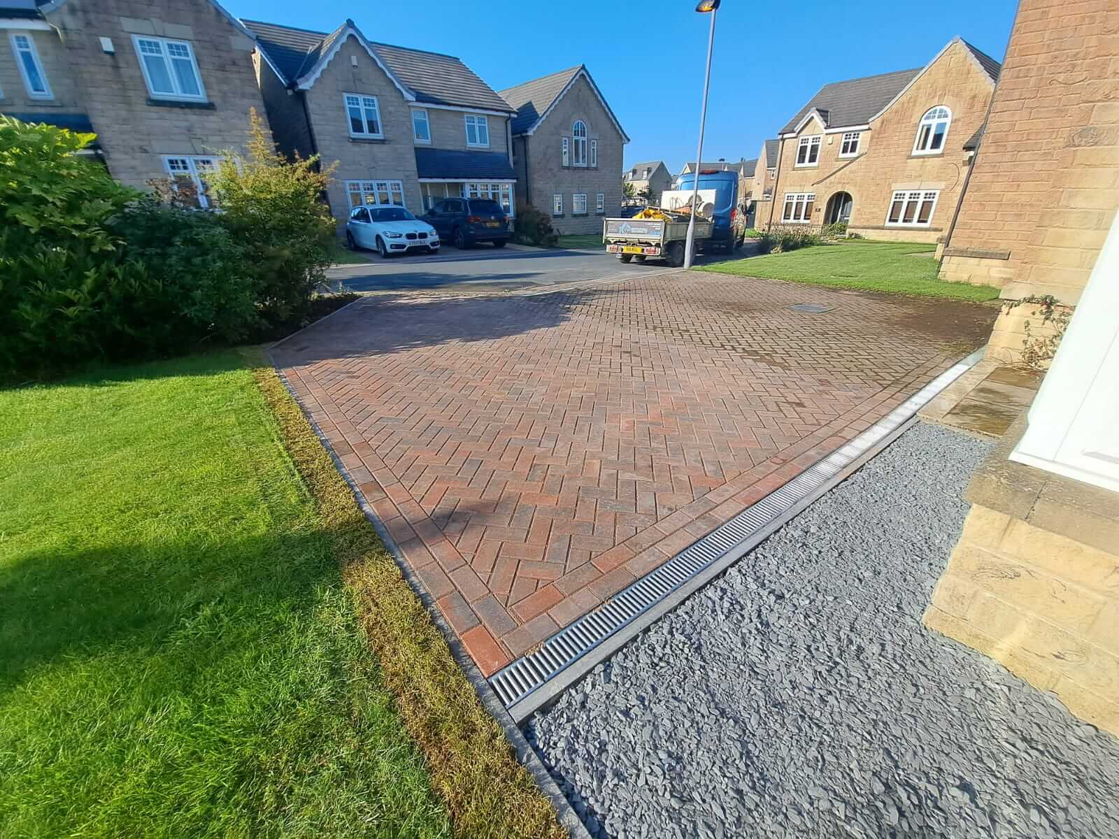 Block paved driveway with a linear channel drain